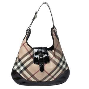 Pre Owned Burberry Black/Beige Nova Check PVC and Patent Leather Large Brooke Hobo