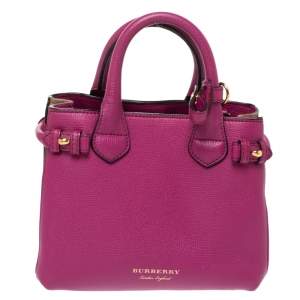 Pre Owned Burberry Magenta Leather and House Check Canavs Baby Banner Tote