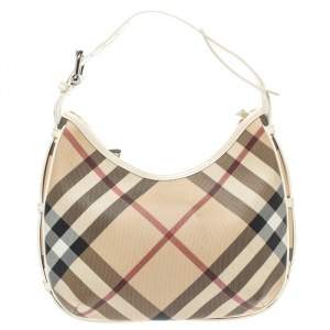 Pre Owned Burberry White Nova Check Coated Canvas and Leather Small Barton Hobo