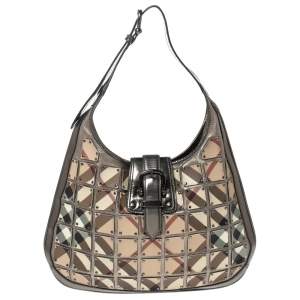 Pre Owned Burberry Metallic/Beige Nova Check Coated Canvas and Patent Leather Warrior Brooke Hobo
