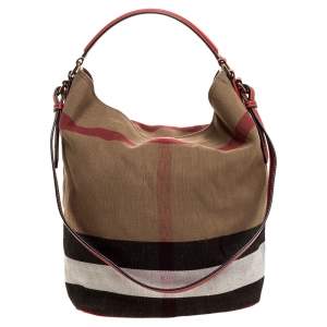 Pre Owned Burberry Red/Beige Supernova Check Canvas and Leather Ashby Hobo