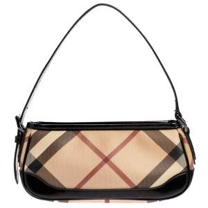 مملوكة مسبقًا Burberry Beige/Black Nova Check Coated Canvas and Patent Leather Small Newbury Bag