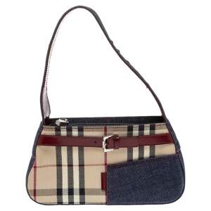 مملوكة مسبقًا Burberry Blue/Burgundy Check Canvas and Denim Buckle Baguette Bag