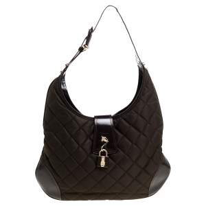 Pre Owned Burberry Dark Brown Quilted Nylon and Patent Leather Brooke Hobo