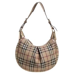 Pre Owned Burberry Beige/Metallic Gold Haymarket Check PVC and Leather Rydal Hobo