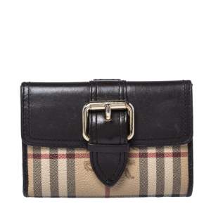 Pre Owned Burberry Beige/Brown Haymarket Check Coated Canvas and Leather Flap Bifold Wallet