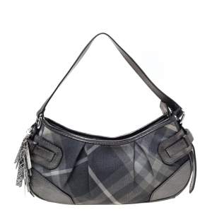 مملوكة مسبقًا Burberry Grey Check Shimmer Canvas and Leather Charm Baguette Bag