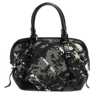 Burberry Black Floral Beat Check Nylon and Patent Leather Satchel