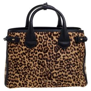 Pre Owned Burberry Black/Brown Leopard Print Calfhair, Leather and House Check Canvas Medium Banner Tote