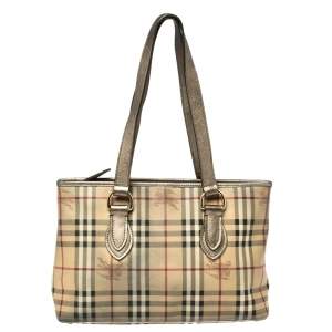 مملوكة مسبقًا Burberry Beige/Metallic Haymarket Check Coated Canvas and Leather Regent Tote