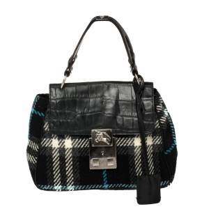 Burberry Black Classic Check Wool and Croc Embossed Leather Vintage Flap Tp Handle Bag