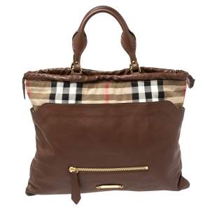 Burberry Brown Leather and House Check Canvas Big Crush Tote