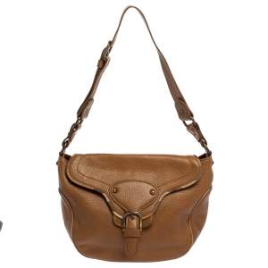مملوكة مسبقًا Burberry Brown Pebbled Leather Buckle Flap Shoulder Bag