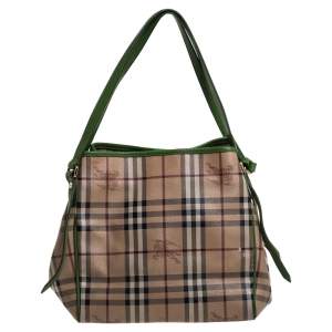 مملوكة مسبقًا Burberry Beige/Green Haymarket Check Coated Canvas and Leather Small Canterbury Tote
