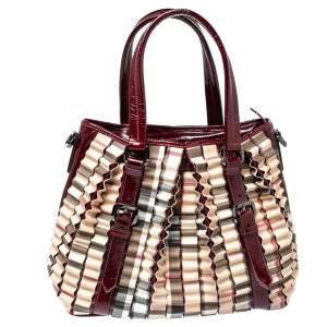 Burberry Dark Red/Beige House Check PVC and Patent Leather Cartridge Pleat Tote