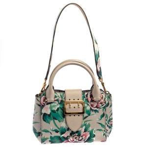 Pre Owned Burberry Multicolor Floral Print Grained Leather Small Buckle Tote