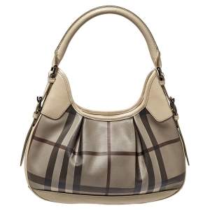 مملوكة مسبقًا Burberry Grey Smoked Check Coated Canvas Small Brooklyn Hobo