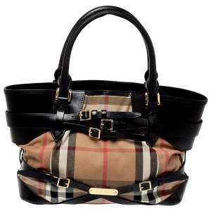 Pre Owned Burberry Black House Check Canvas and Leather Medium Bridle Lynher Tote
