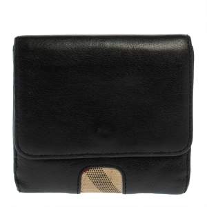 Pre Owned Burberry Black/Beige Leather and Canvas Trifold Wallet