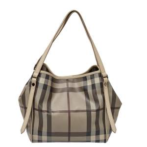 Pre Owned Burberry Beige Smoke Check Coated Canvas and Leather Small Canterbury Tote