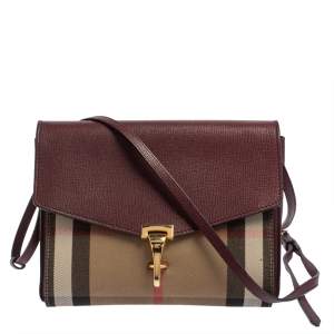 Pre Owned Burberry Burgundy House Check Canvas and Leather Macken Crossbody Bag