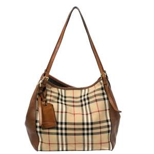 Pre Owned Burberry Beige/Brown Haymarket Check Canvas and Leather Small Canterbury Tote