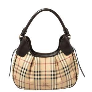 Pre Owned Burberry Beige/Brown Haymarket Coated Canvas and Leather Brooklyn Hobo