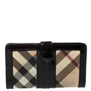 Pre Owned Burberry Black Novacheck Canvas and Patent Leather Penrose Continental Wallet
