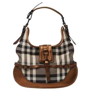 Pre Owned Burberry Metallic Bronze/Black Nova Check Canvas and Leather Brooke Hobo