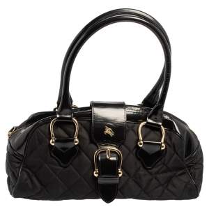 مملوكة مسبقًا Burberry Black Quilted Nylon and Patent Leather Satchel