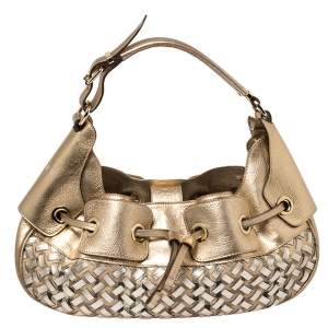 Pre Owned Burberry Metallic Gold  Woven House Check PVC and Leather Warrior Hobo