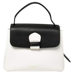 Pre Owned Burberry White/Black Leather and House Check Canvas Small Camberley Top Handle Bag