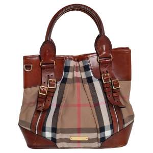 Pre Owned Burberry Brown House Check Canvas and Leather Bridle Whipstitch Tote