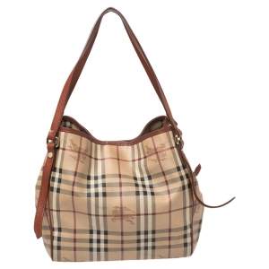 Pre Owned Burberry Brown/Beige Haymarket Check Coated Canvas and Leather Small Canterbury Tote