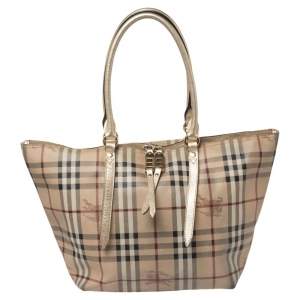 Burberry Beige/Gold Haymarket Check PVC and Leather Small Salisbury Tote