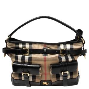 Pre Owned Burberry Black/Beige House Check Canvas and Leather Front Pocket Buckle Hobo 