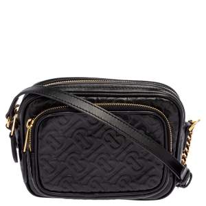 Pre Owned Burberry Black Embossed Monogram Leather Camera Crossbody Bag