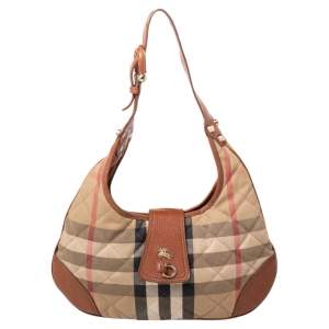 Pre Owned Burberry Beige/Brown Haymarket Leather And Quilted Canvas Hobo