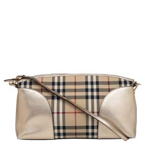 مملوكة مسبقًا Burberry Gold Leather Horseferry Check Canvas Small Chichester Shoulder Bag