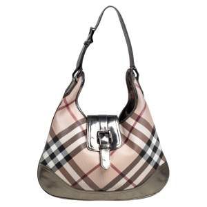 Pre Owned Burberry Metallic/Beige Nova Check PVC and Leather Brooke Hobo