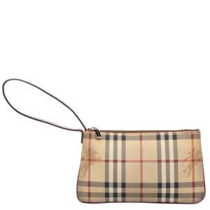 Pre Owned Burberry Beige Haymarket Check Coated Canvas Top Zip Wristlet Clutch