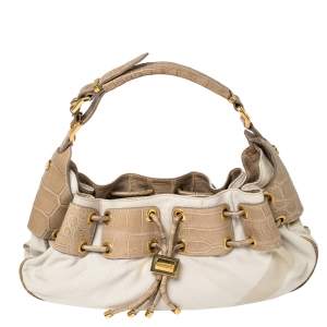 Burberry Beige Croc Embossed Leather and Canvas Prorsum Mason Warrior Hobo