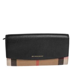 Pre Owned Burberry Black/Beige House Check Canvas and Leather Flap Continental Wallet