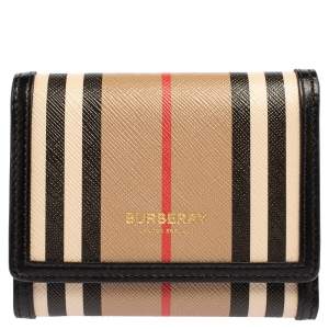 Pre Owned Burberry Beige/Black Icon Stripe Coated Canvas and Leather Small Trifold Wallet