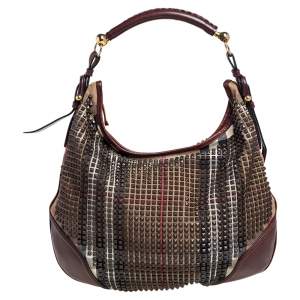 Burberry Brown Housecheck Canvas Leather Studded Hoxton Hobo
