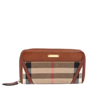 Burberry Brown/Beige House Check Canvas and Leather Zip Around Wallet
