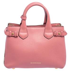 Pre Owned Burberry Pink/Beige Leather and House Check Canvas Small Banner Tote