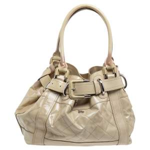 Burberry Cream Quilted Patent Leather Beaton Tote