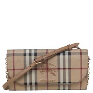 Pre Owned Burberry Beige Haymarket Check Coated Canvas Henley Wallet On Chain 