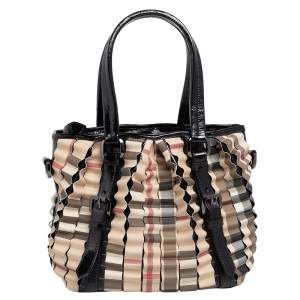 Burberry Beige Nova Check Coated Canvas And Patent Leather Cartridge Pleat Tote
